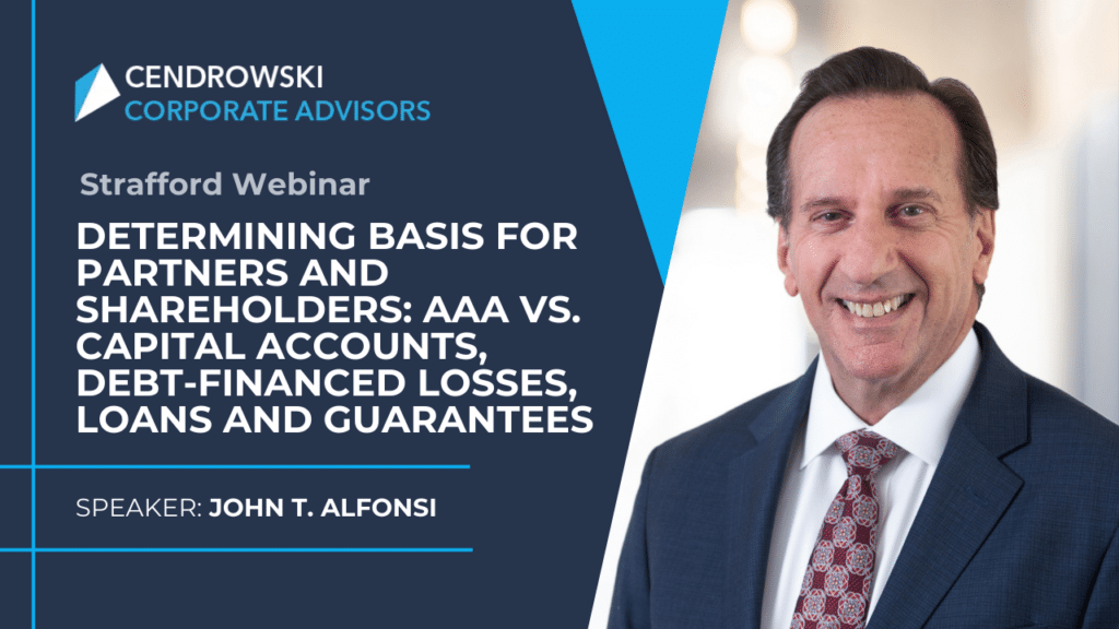 A promotional graphic for a Strafford webinar featuring speaker John T. Alfonsi, discussing basis for partners and shareholders, AAA vs. capital accounts, and related topics.