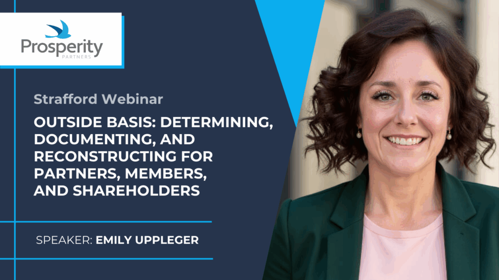 A woman smiles in a promotional graphic for a Strafford webinar titled "Outside Basis" by Prosperity Partners, with Emily Uppleger listed as the speaker.