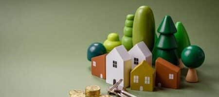 Toy houses and trees arranged on a green surface, with a stack of coins and two keys placed in front.