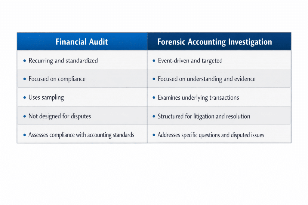 Comparison table showing differences between financial audit and forensic accounting investigation, highlighting focus, purpose, methods, and uses for each.
